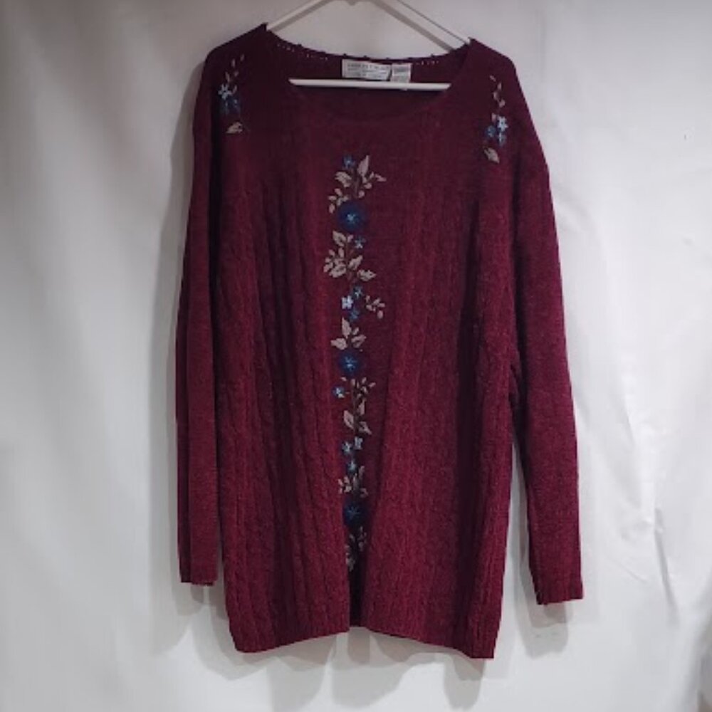 CAROLYN TAYLOR WOMAN CRANBERRY EMBROIDERED LONG SLEEVE PULLOVER SWEATER SIZE 1X